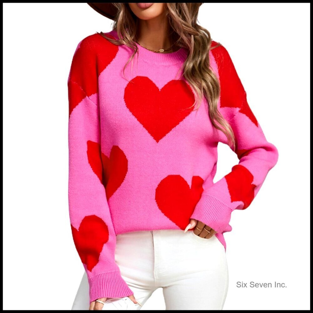 Y2K Heart Graphic Oversized Sweater Pullover Knitted Crew Neck Cute